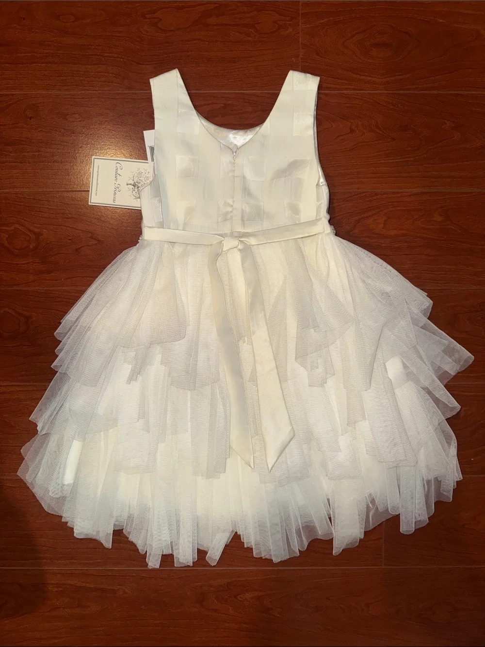 Girls White Tulle Party Dress with Bow and Beaded Waist